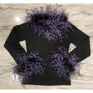 Radzoli: black sweater, purple & black ostrich feather on neck & cuffs, Size S